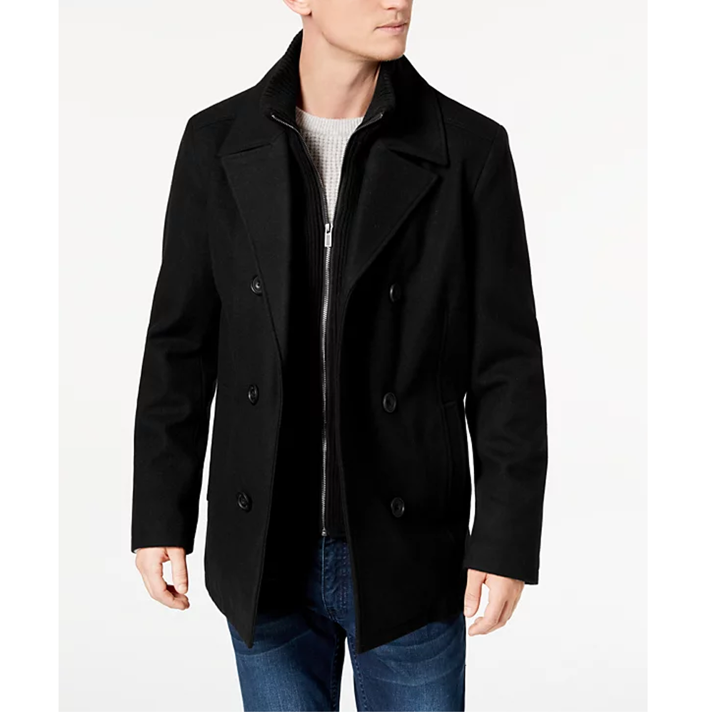 Men's Double Breasted Wool Blend Peacoat with Bib