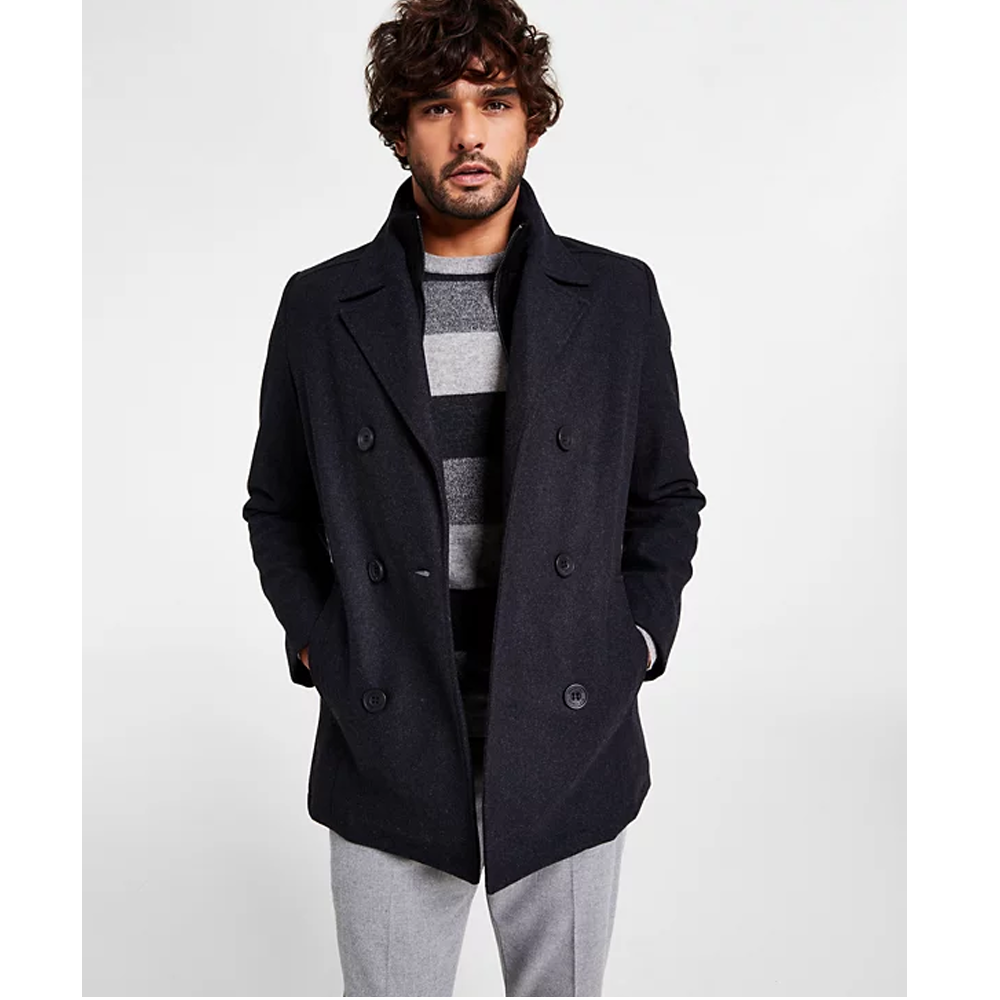 Men's Double Breasted Wool Blend Peacoat with Bib