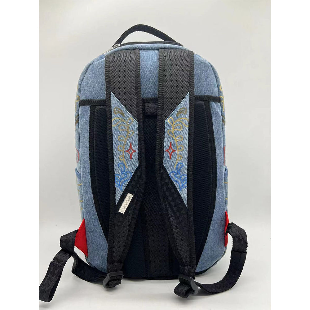 SPRAYGROUND METALLIC PRINTED DENIM SHARK DLXSV BACKPACK