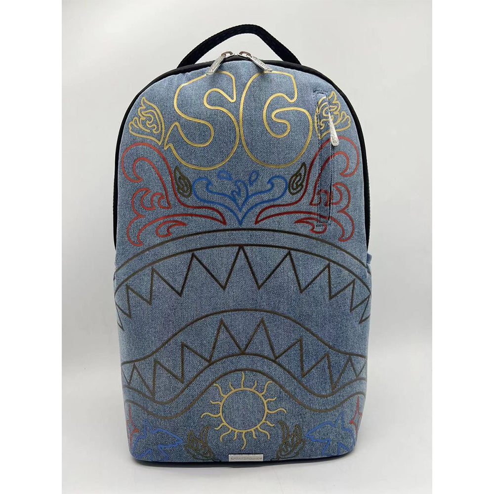 SPRAYGROUND METALLIC PRINTED DENIM SHARK DLXSV BACKPACK